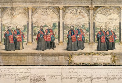 Imaginary Composite Procession af Strømpebåndsordenen i Windsor, indgraveret af Marcus Gheeraerts (1521-86) 1576 (farvet radering) af English School